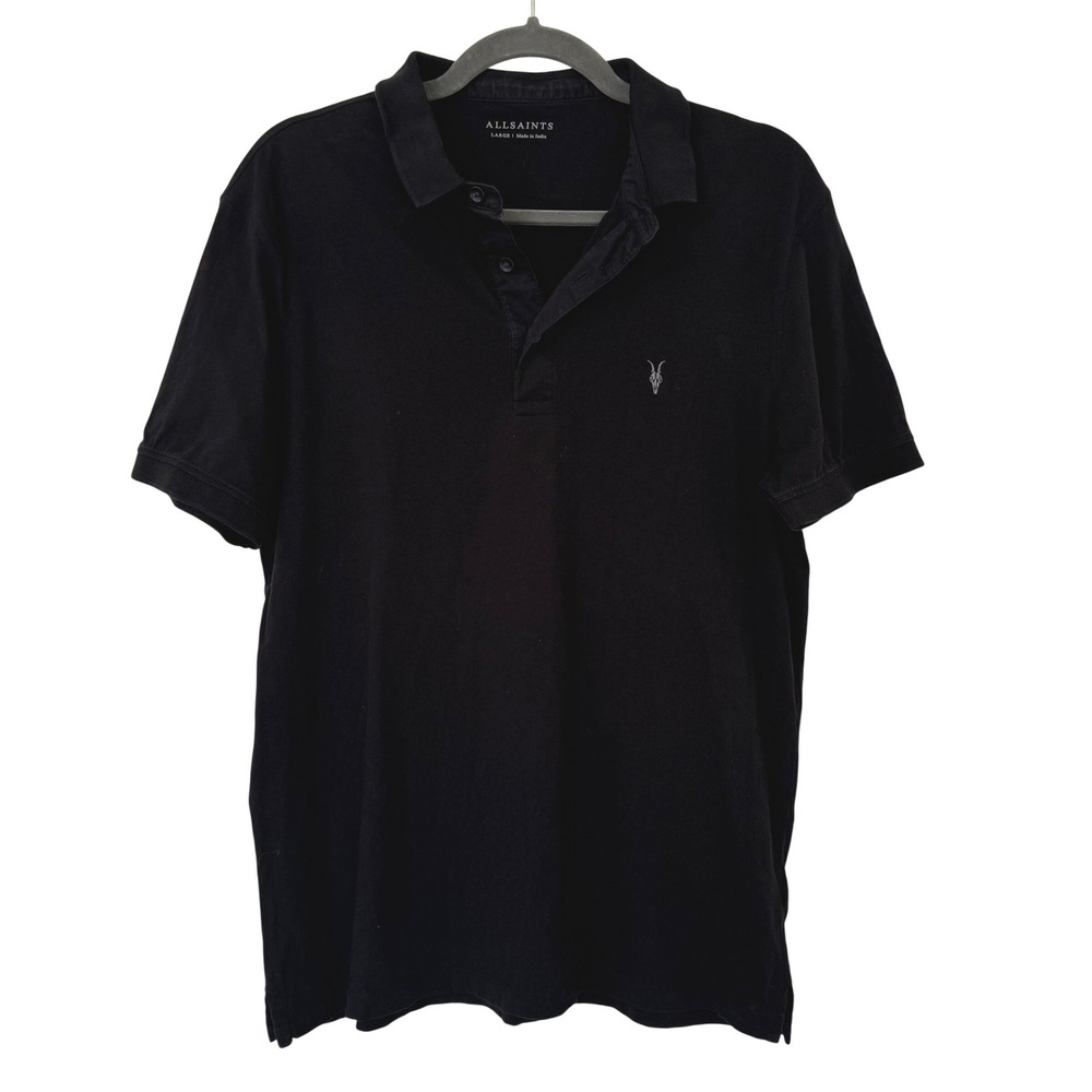 AllSaints Mens Polo Shirt Large Black Embroidered Ram Skull Minimalist Designer